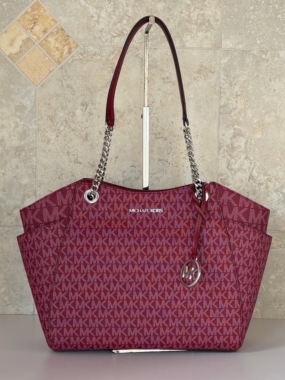 Michael Kors Jet Set Travel LG Shoulder Chain Tote Bag MK Maroon